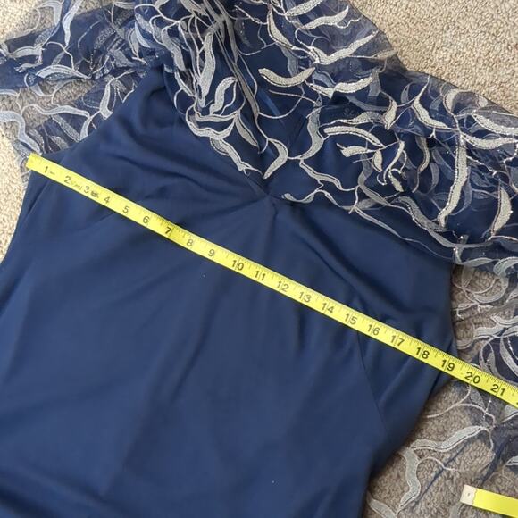 SLNY Design Women's V-Neck Glitter Mesh Gown Floral Chiffon Asymmetric Cape 12 - Picture 6 of 8